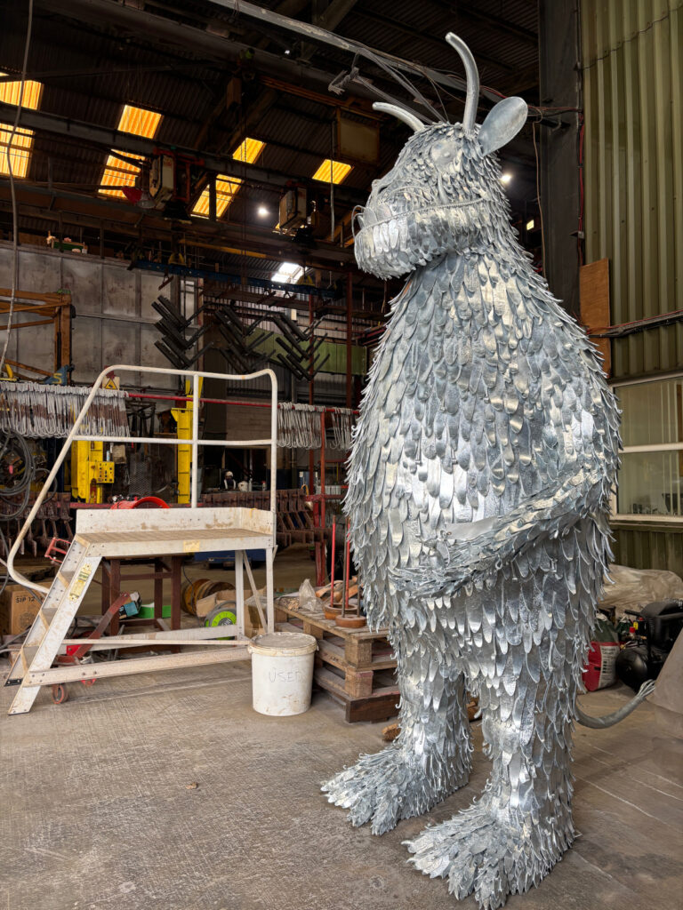 The finished hot dip galvanised Gruffalo stands inside the Forfar Galvanising Plant